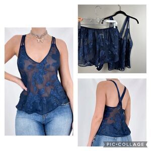 Vintage Y2K sheer textured chiffon cami shorts pajamas set NWT